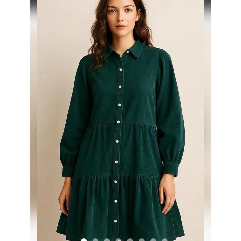 J.Crew Shirt Dress Corduroy Tiered Button Front Forest Green Preppy Women sz 8